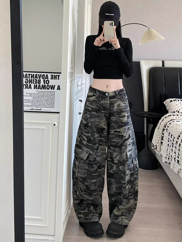 미국 레트로 카모플라주 와이드 레그 진 하이웨이스트 루즈핏 여성용 가을 스트레이트 컷 바지 캐주얼 슬릿 디테일