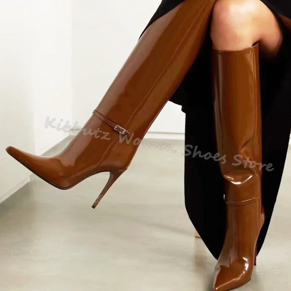 

Riding Knee High Boots Genuine Leather Belt Buckle Solid Color Slip-On Elegant Concise Sexy Fashion Women Shoes Newest Point Toe