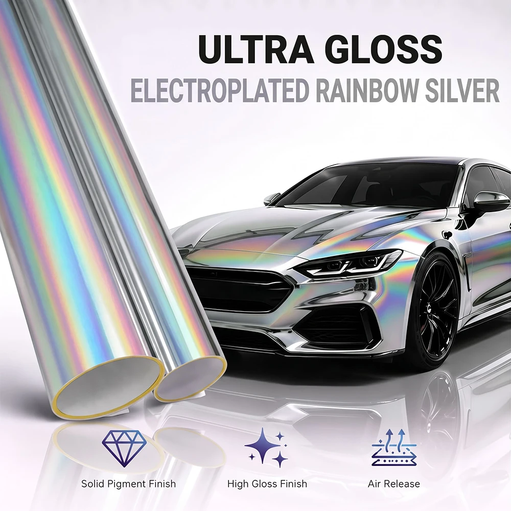 Holografische Regenbogen-Silber-Elektroplattierung Vinylfolie, Luftkanal-Aufkleber mit schillernder Farbveränderung für Autos, wasserdichte Folienverpackung