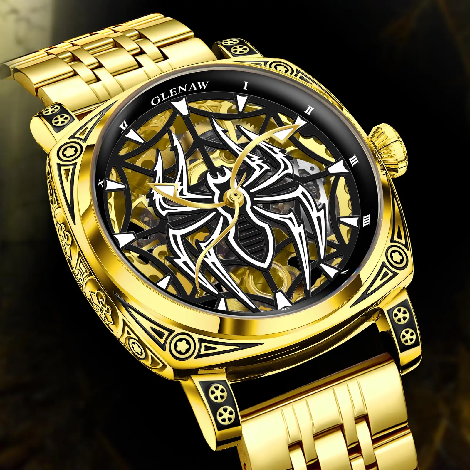 

Glenaw Spider Series лучший бренд класса люкс модные деловые полностью автоматические механические золотые часы мужские водонепроницаемые часы