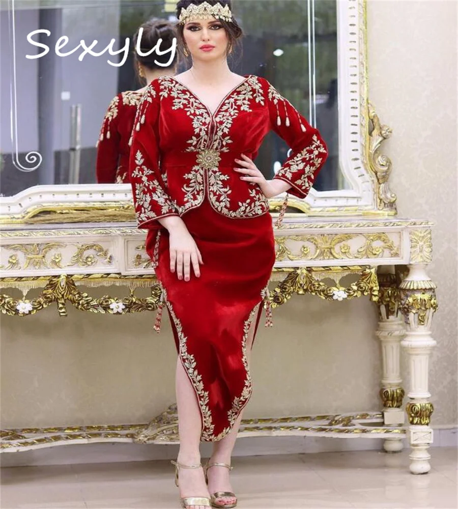 Karakou Algerian Red Evening Dress Traditional V Neck Long Sleeve Velvet Dubai Abaya Prom Dress Appliques Lace Party  Customized