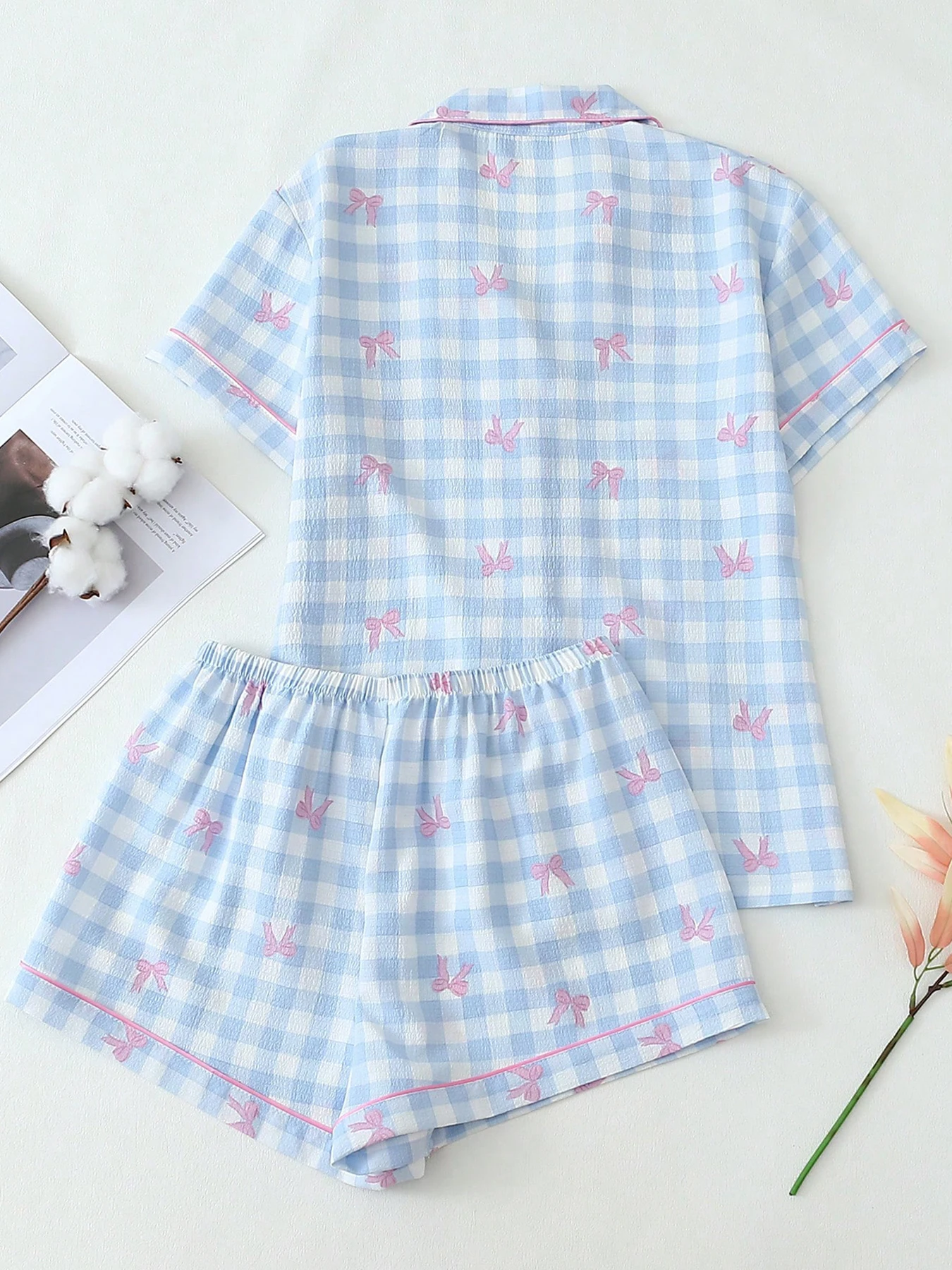Women's 2-Piece Checkered Print Blouse And Shorts Set Sweet Button-Up Top Short Sleeve Homewear Sleepwear for All Seasons