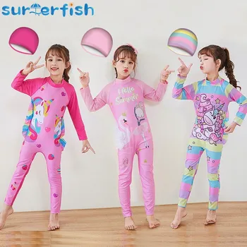 Traje húmedo para niños, traje de surf de manga larga, estrella arcoíris, unicornio, buceo, snorkel, natación, traje de baño de buceo para niñas con gorra