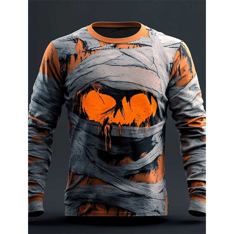 3D Printed Bandaged Skull T Shirt For Men Terrifying Skeleton Pattern Tees Autumn Casual O-Neck Tops Loose Long Sleeve T-Shirts