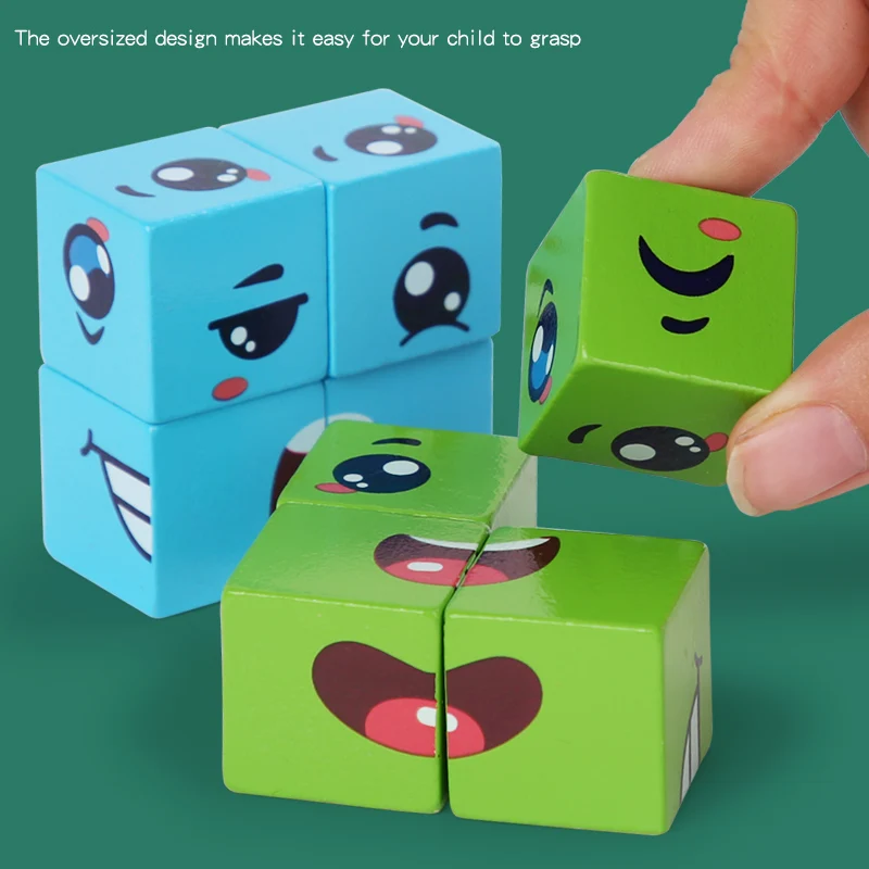 Blocs de construction en bois pour enfants, quatre personnes, bataille, visage changeant, Expressions faciales, Cube magique, jeux interactifs en bois