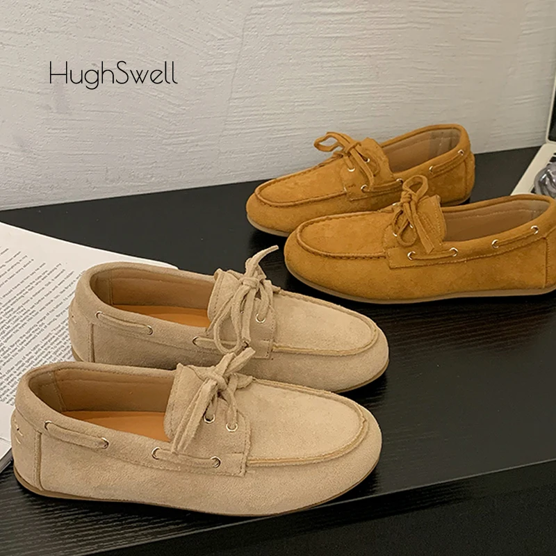 

Suede Leather Slip-on Boat Shoes Woman Classic Bowknot Lace-Up Soft Moccasins Ladies Casual Comfort Flat Loafers in Khaki Camel