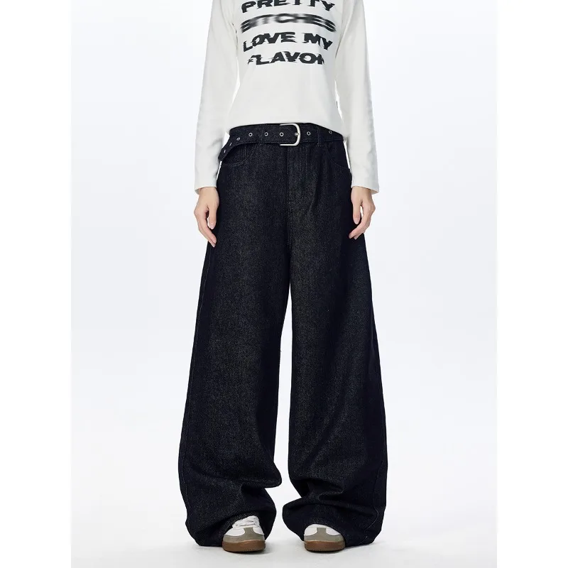 

Men's Jeans Solid Color Low-waistline American Style Casual Streetwear Belt Design Straight Wide Leg Denim Trousers