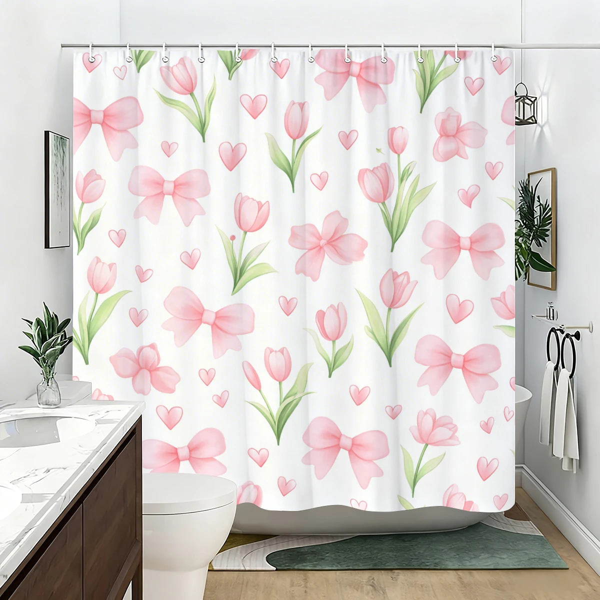 Polyester Shower Curtain - Adorable Bow, Leopard & Floral Printed Bathroom Decor, Stylish Bath Curtain for Home Bathroom