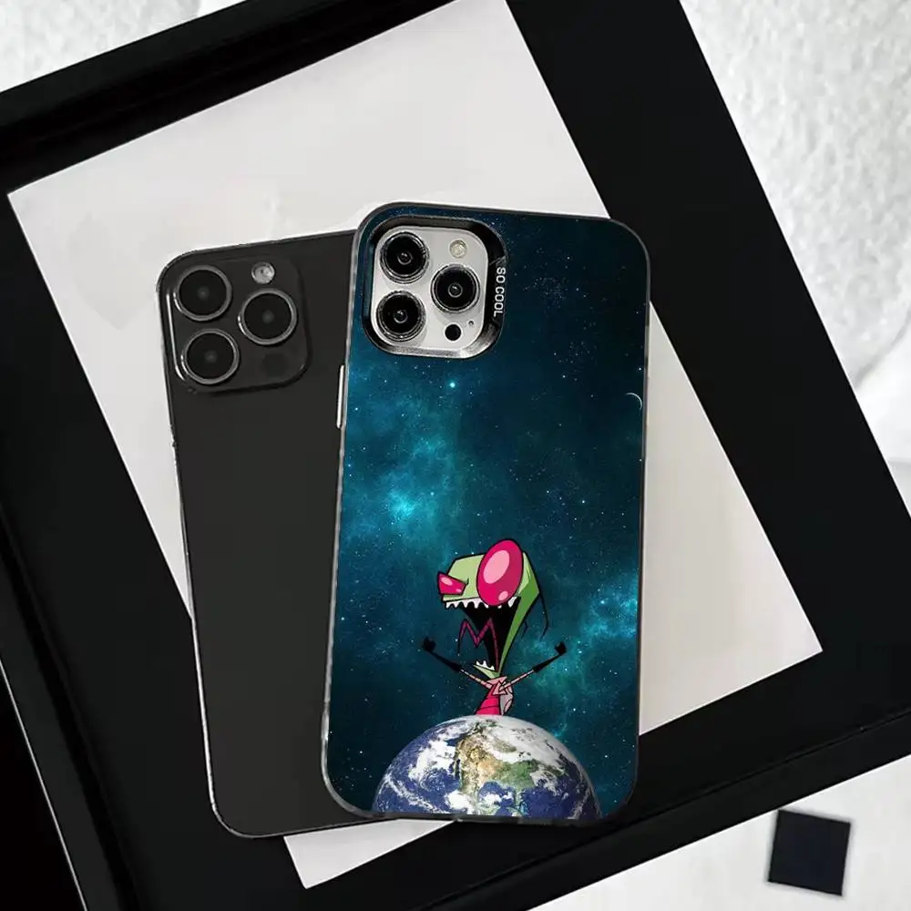حافظة هاتف C-Cartoon Invader Z-Zim لهاتف iPhone 16,15,14,13,12,11,Mini,Pro,SE,MAX غطاء أبيض غير لامع مقاوم للصدمات