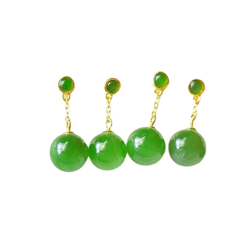 Original Design Silver Inlaid Spinach Green Hetian Jasper Round Beads Women\'s Earrings Simple Chinese Fresh Jewelry