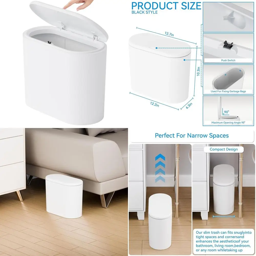 

12L Compact Bathroom Trash Can with Lid, Slim Design for Small Spaces, Pet-Resistant Wastebasket for Home, RV, Dorm, and Office