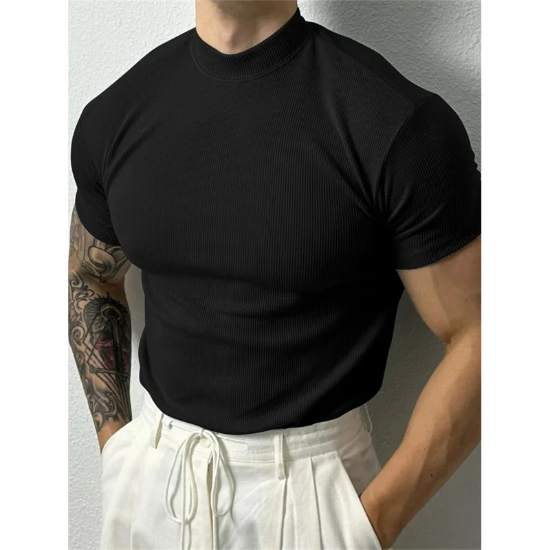 spring summer Elastic Men's T-shirt Small high collar stripe shirt short sleeve fitness top leisure sport T-shirt Men sportswear