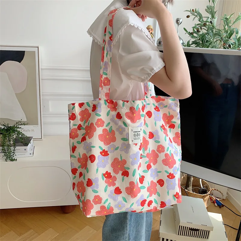 Floral Canvas Tote Bag for Women Large Capacity Printed Shoulder Bag Shopping Bag Female Fashion Casual Open Handbag