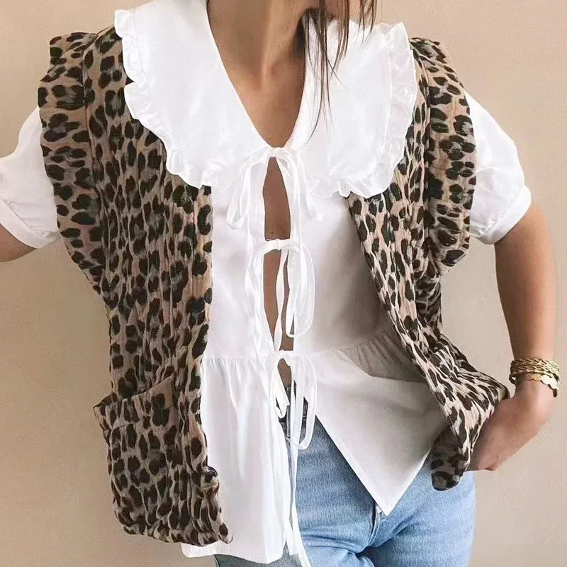 TRAF Women\'s Vest Spring 2024 Leopard Print Waistcoat V-Neck Short Sleeve Cardigan New In Outerwears Elegant Fashion Ladies Vest