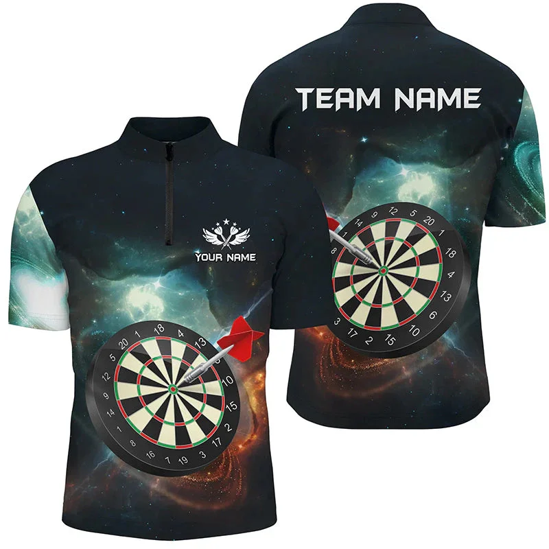 Personalized Name Black And Red Fire Darts & Dartboard 3D Printed Fashion Men Summer Zip Polo Shirt Dart Team Jerseys XKP02