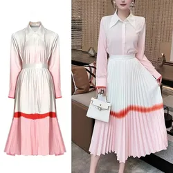 New Spring Summer Fashion Pink 2 Piece Set Striped White Turn Down Collar Casual Shirts Office Blouse Tos+Plieated Skirts Sets