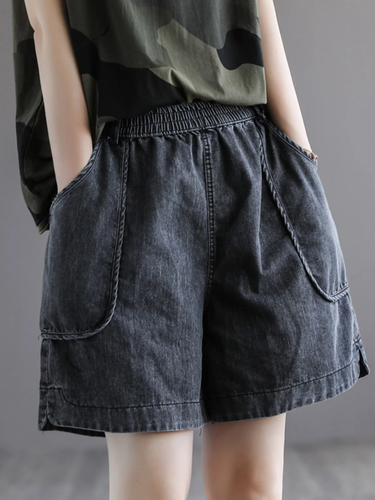 

Summer Women's Denim orts Thin Wide Leg Five-Quarter Pants High Waist Loose plus Size orts Vintage Slimming