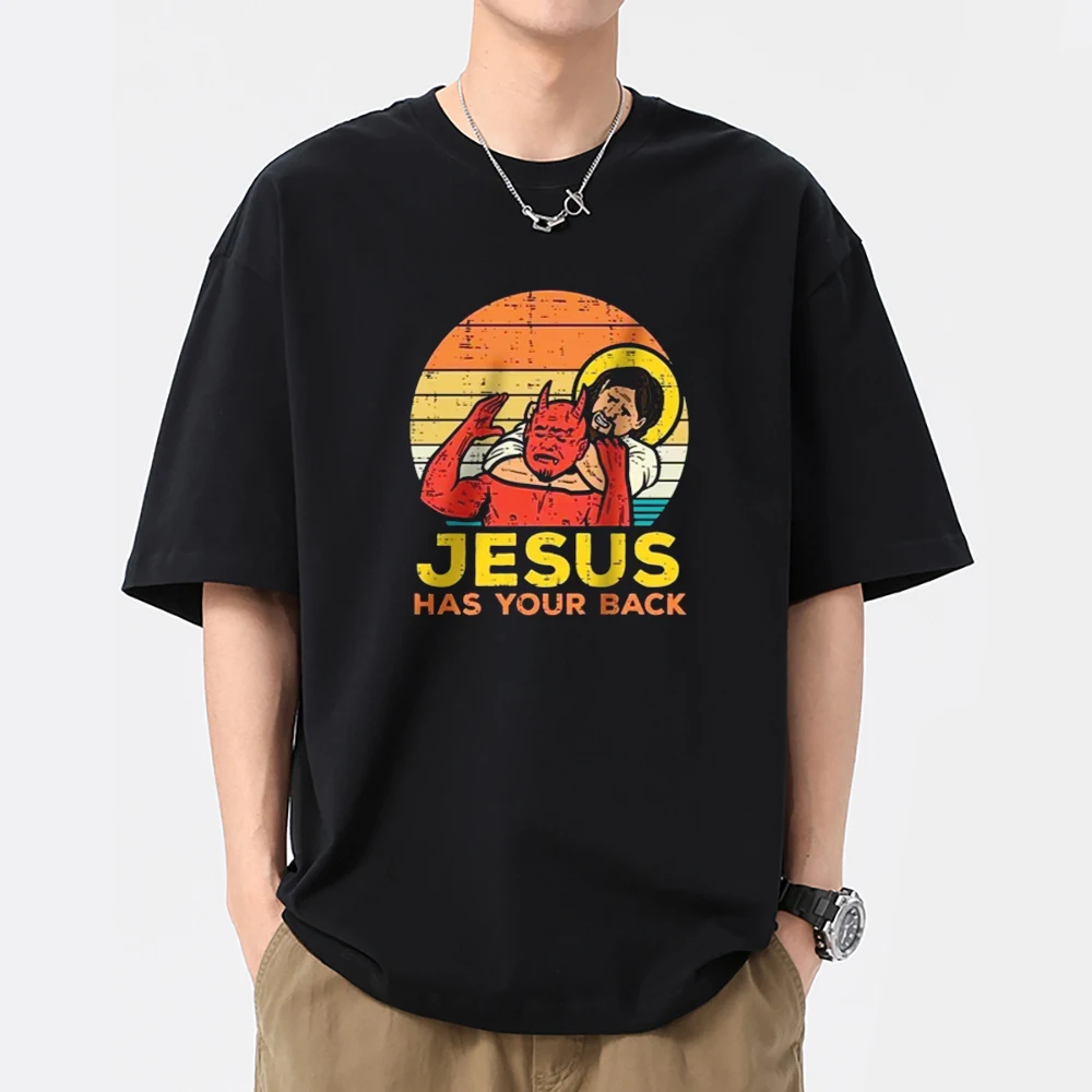 Jesus Has Your Back Jiu Jitsu Christian Printed T Shirts Men 100% Cotton Graphic Short Sleeve Tees Streetwear Oversized Clothes