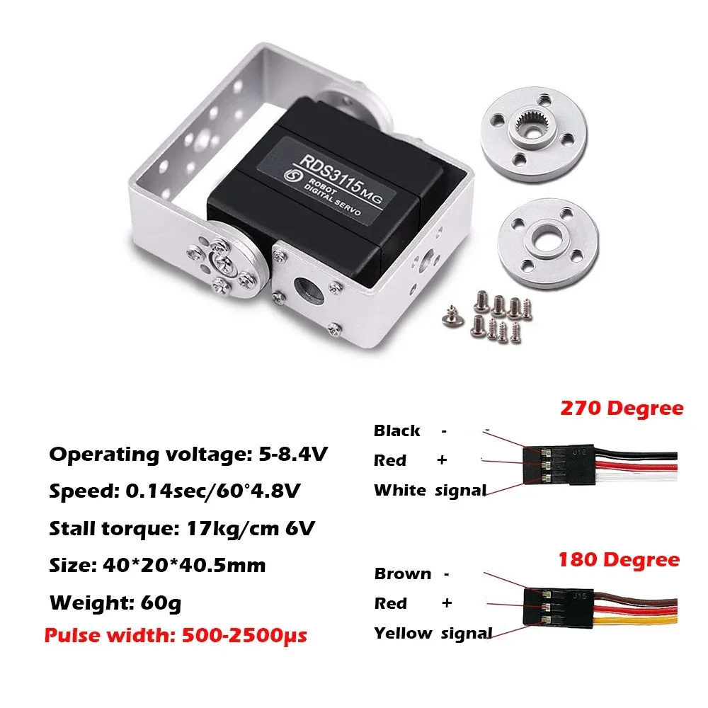 Eixo duplo Eixo Servo Motor, Servo Digital, Metal Gear para RC Modelo Car Boat Avião Braço robótico, RDS3115MG, 180 °, 270 °, 15kg