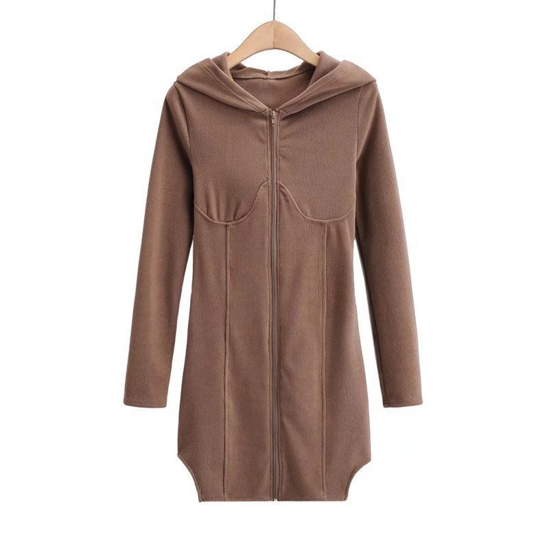 Spring Autumn Fashion Korean Version Casual Sexy Slim Solid Color Zipper Cardigan Design Hooded Long-Sleeved Hip Dress