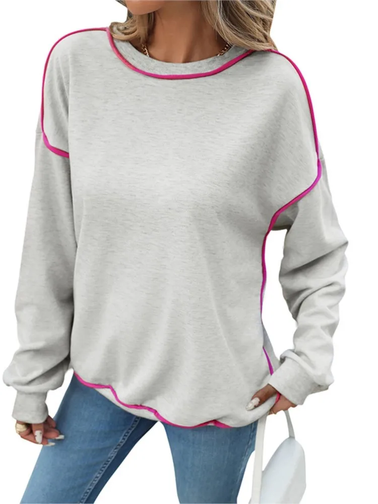 Woman's Autumn Winter Casual Sweatshirt Fashion Solid Color O-neck Long Sleeves Pullovers Tops Ladies Loose Office Grey Hoodie