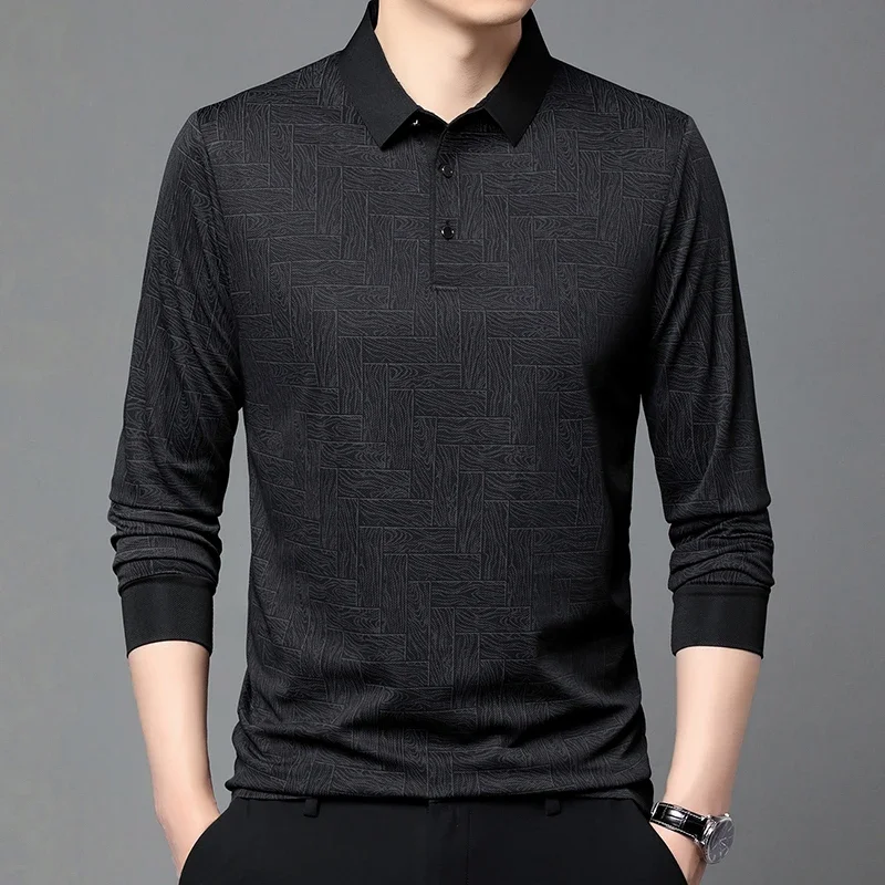 New Men\'s Business Casual Long Sleeved Shirt Solid Color Polo Shirt Fashionable Breathable Comfortable Versatile Top
