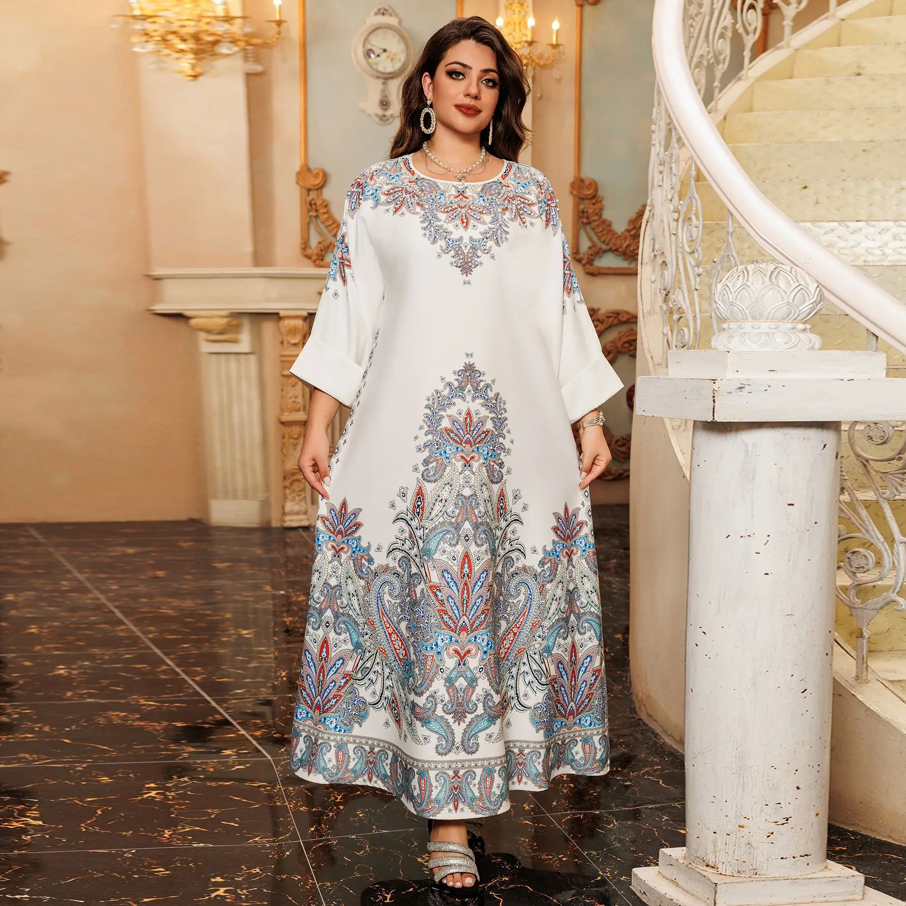 Muslim fashion dress printed positioning flower hot diamond cross-border women\'s dress Middle Eastern robe