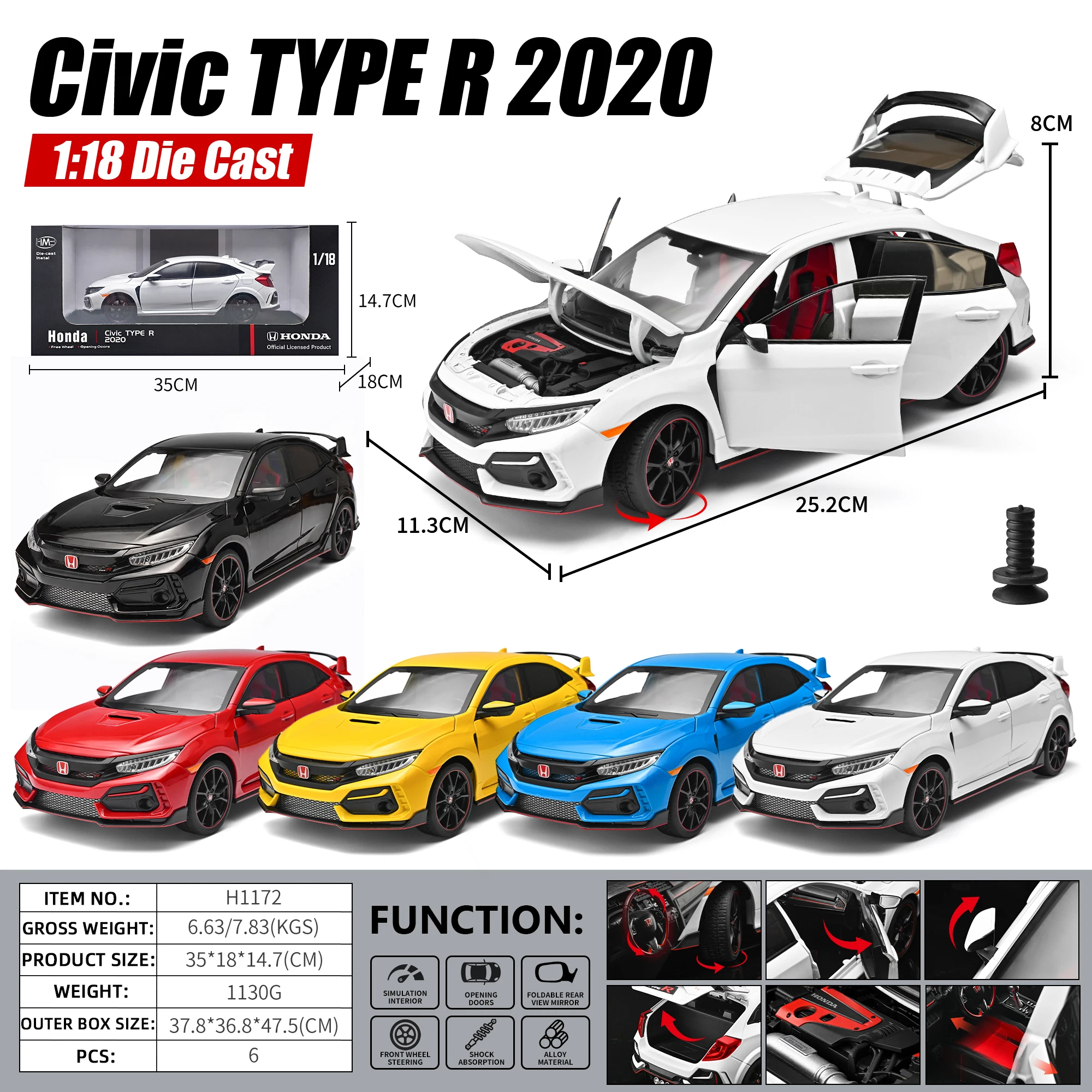 Modelo de Auto a Escala 1:18 del Honda Civic TYPE R 2020, Oficialmente Licenciado, Totalmente Abrible, de Metal Fundido a Presión, Decoración de Escritorio y Juguete de Alta Calidad