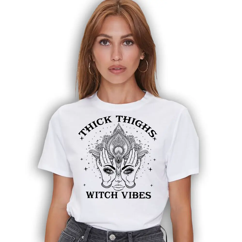 Witchy Halloween Tee - Thick Thighs Witch Vibes Body Positive Shirt  Tees Y2K tops Unisex Summer Short Sleeve