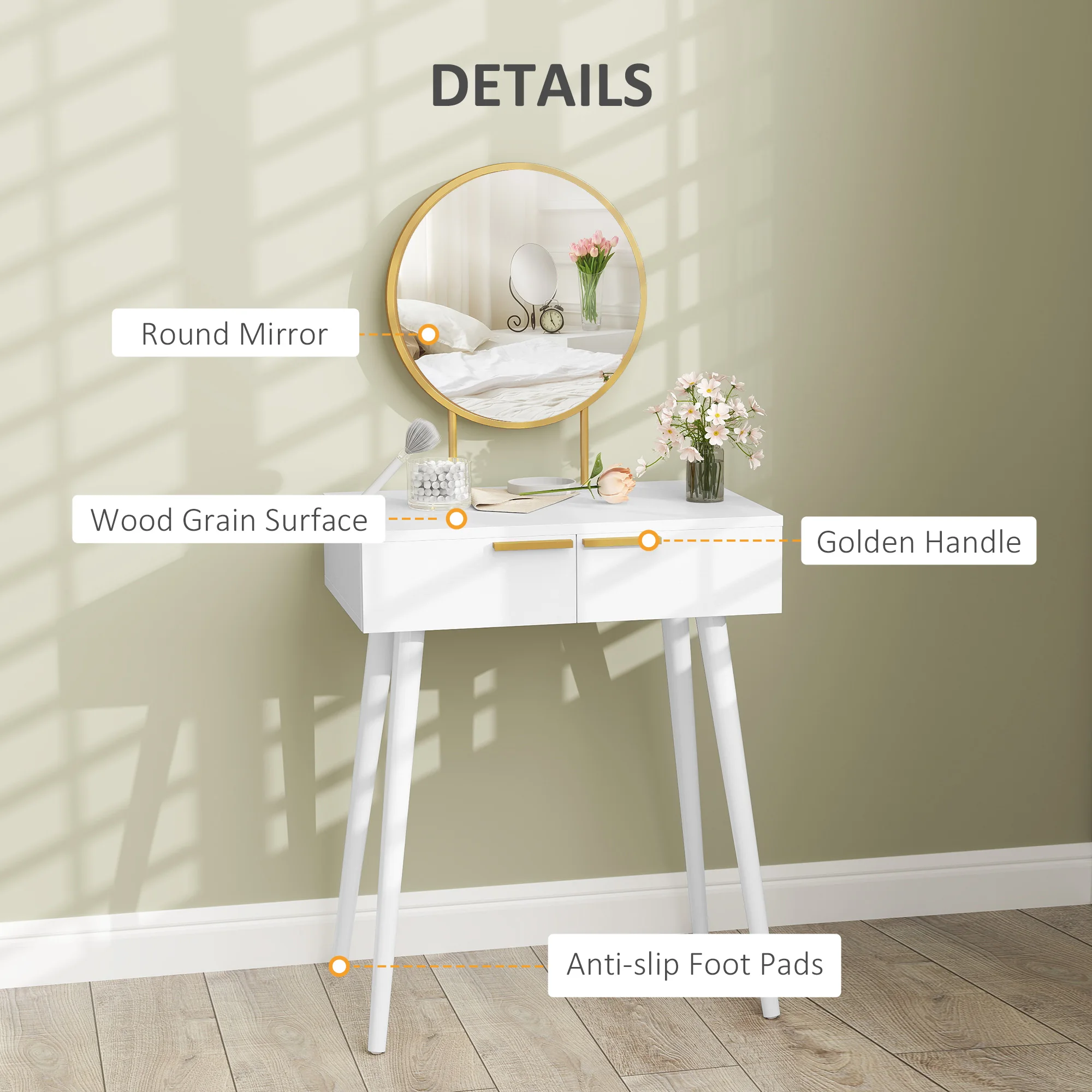 HOMCOM Modern Dressing Table w/ 2 Drawers Round Mirror for Bedroom White