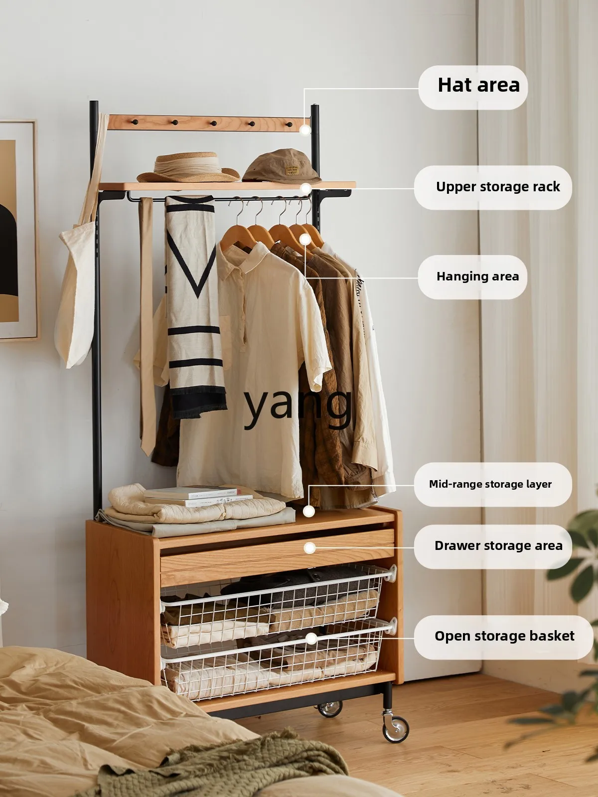 رف معطف صغير من الخشب الصلب بالكامل من LMM Nordic متعدد الوظائف مصنوع من خشب الكرز لغرفة النوم من الأرض إلى السقف #3