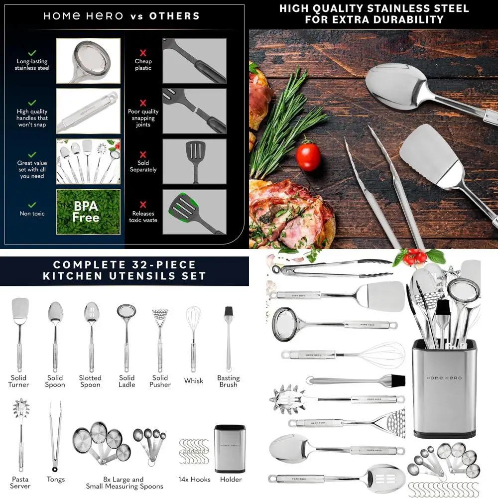 

32-Piece Silver Stainless Steel Kitchen Utensil Set with Heat-Resistant Silicone and Measuring Tools