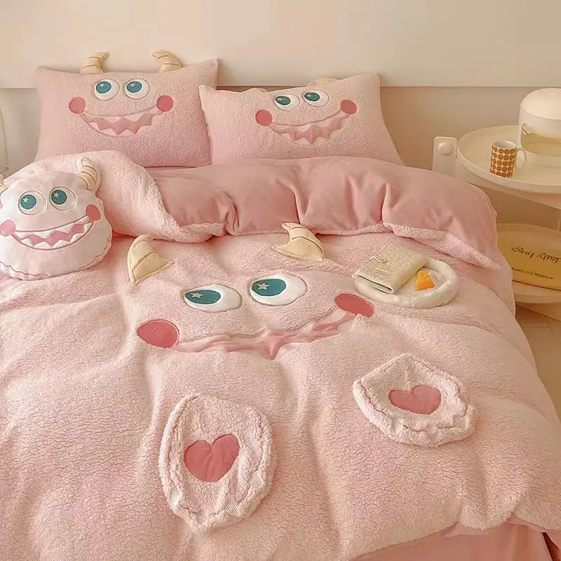 

Winter Girl Heart Pink Quilt Cover Thickened Embroidered Monster Cashmere Milk Wool Warm Bed four-piece For Children's Bedroom