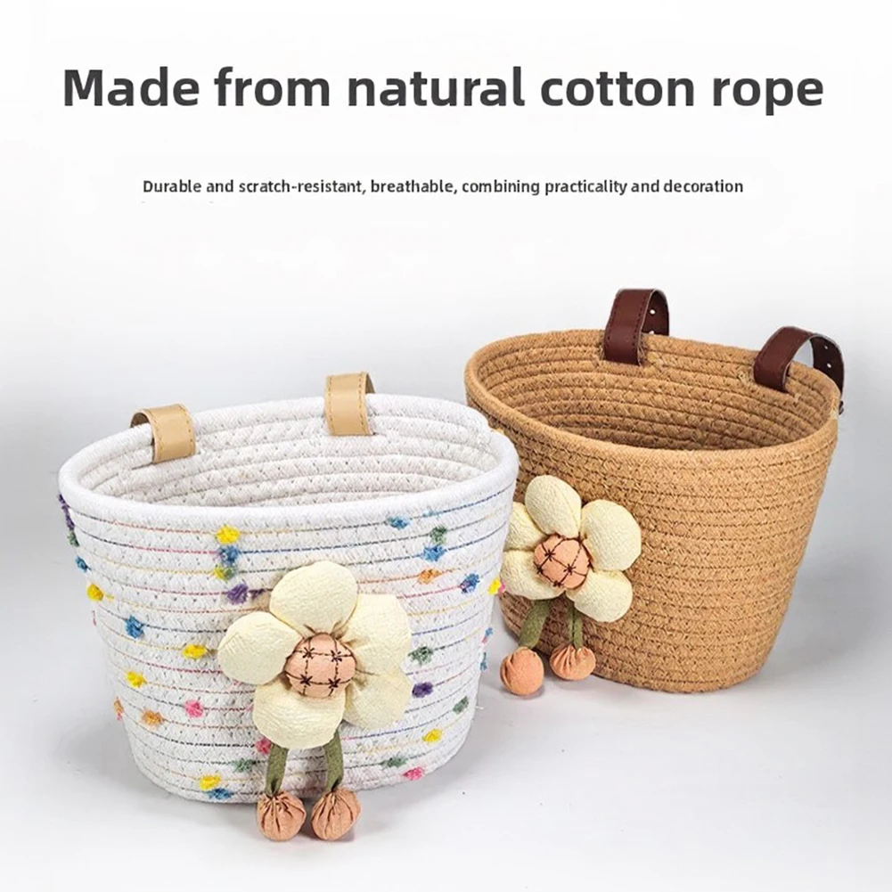 Bicycle Basket Plush Flower Cotton Rope Anti-fall Basket Baby Basket Bicycle Front Basket For Balance Bike Cycling Accessories