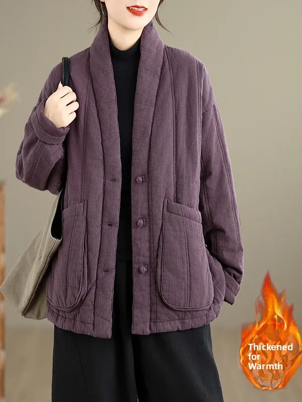 

Thickened Cotton Jacket Women's V-neck Button-up Casual Warm Cotton Coat Pure Color Retro Style Long Sleeve Regular Fit
