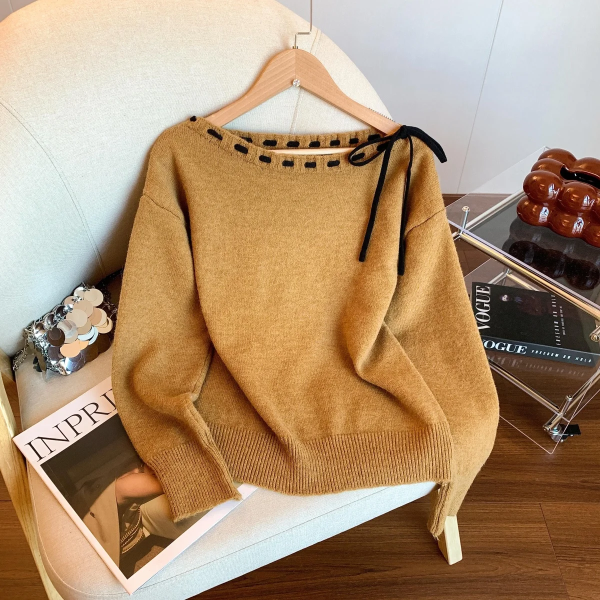 

Винтажный женский свитер на шнуровке с разрезом на шее, корейский стиль, темпераментный пуловер с длинными рукавами, топы, осенний простой элегантный женский трикотаж