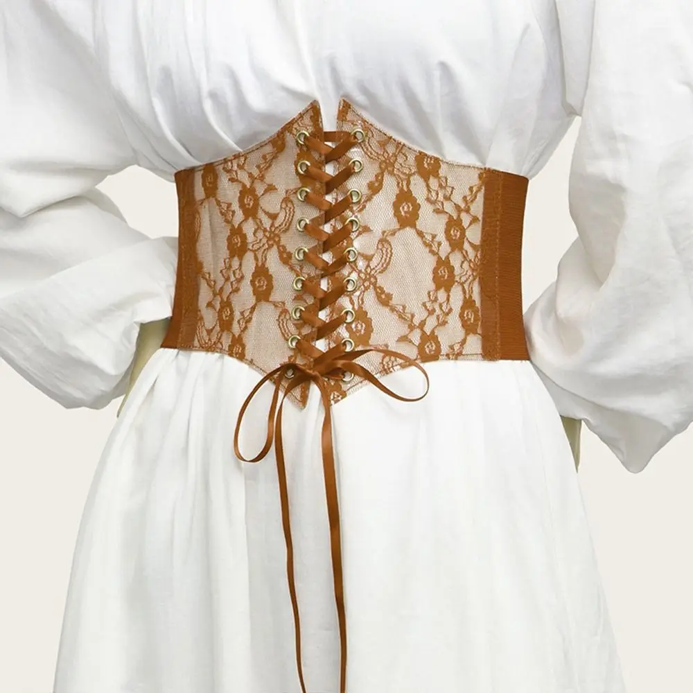 Wide Lace Corset Waist Belt PU Leather Flower Embroidery Waistband Strap Stretchy DIY Silk Elastic Cummerbunds