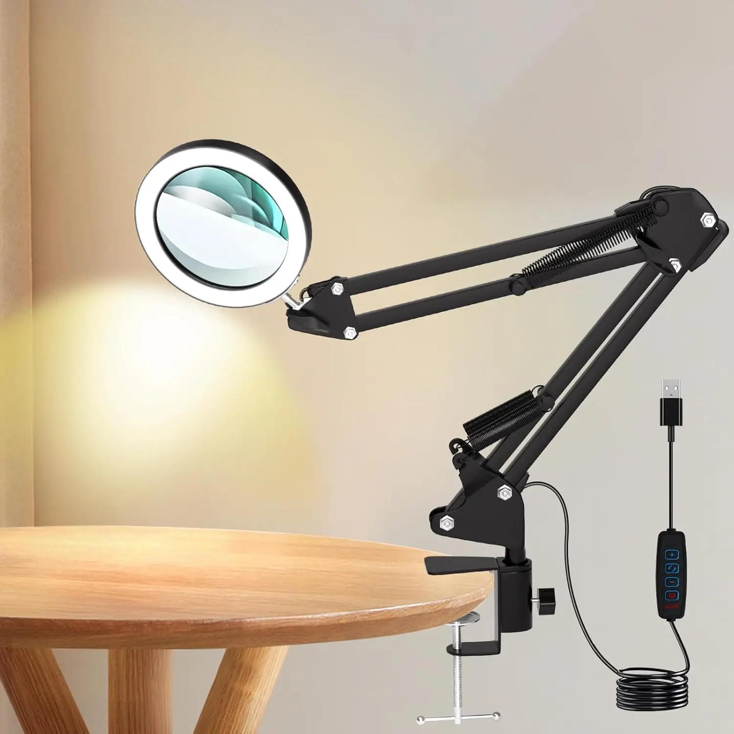 10X Magnifying Glass with 3 Color Modes LED Lighted Desk Lamp with Metal Clamp Flexible Gooseneck Magnifier for Reading Nail Art