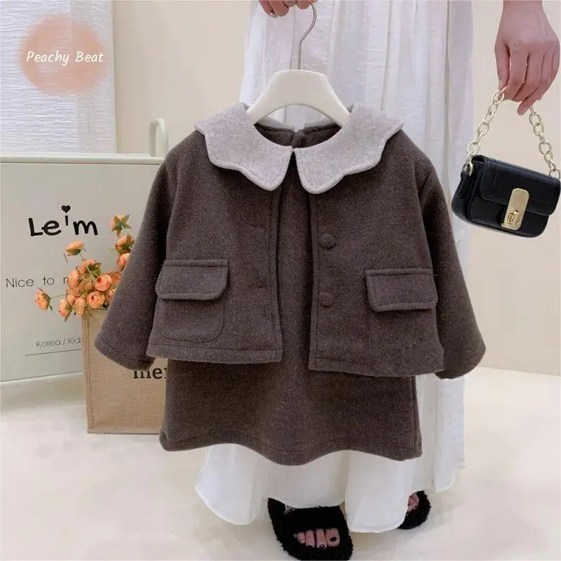 

Baby Girl Princess Clothes Set Woolen Coat+Skirt 2PCS Child Fashion Suit Elegant Turndown Collar Jacket Baby Clothes 12M-10Y