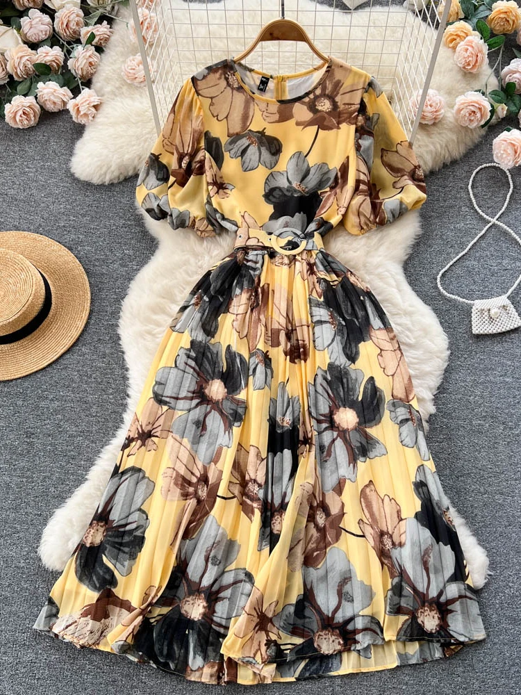 Summer Bohemian Women Floral Print Pleated Midi Dress Elegant Round Neck Puff Sleeve High Waist A-Line Draped Beach Vestidos New