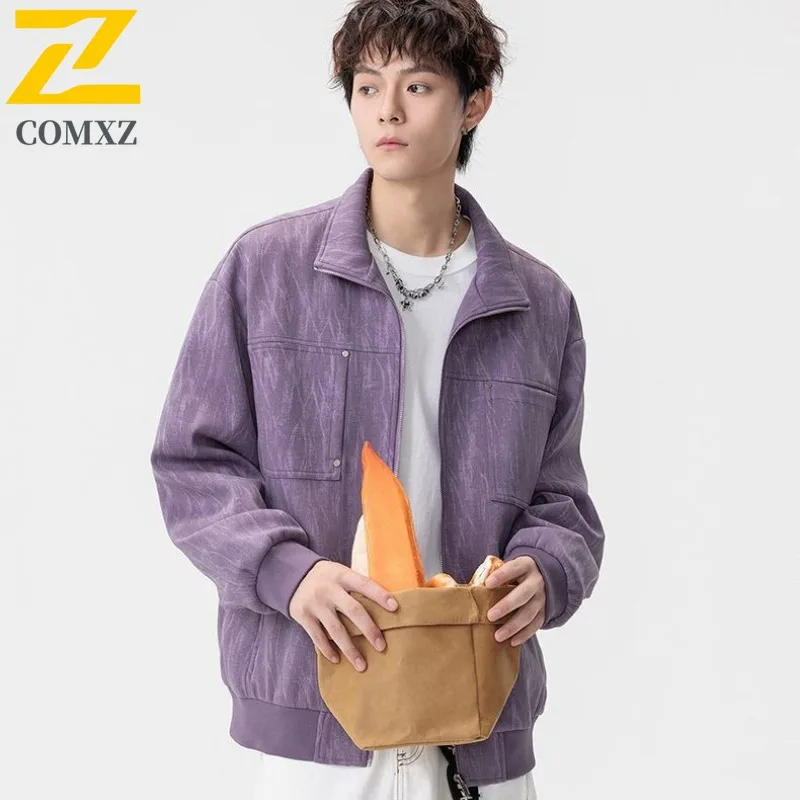 Chaqueta informal de talla grande M-8xl para hombre, prendas de vestir con cuello levantado y cremallera a la moda, moda coreana de otoño, abrigo de talla grande de poliéster 100%