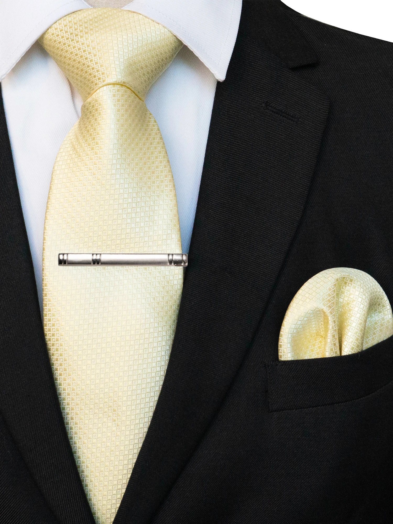 KAMBERFT Klassische Herrenkrawatte mit Krawattenklammer und Einstecktuch, 3-teiliges Set für Büro, Hochzeit, Party – Detail 14
