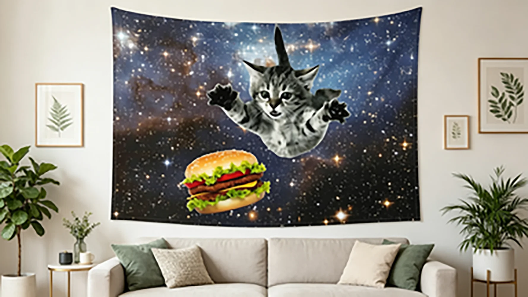 Space Cat Burger Tapestry Funny Trippy Wall Hanging Decor for Bedroom Dorm Gaming Room - Unique Cat Theme Wall Art