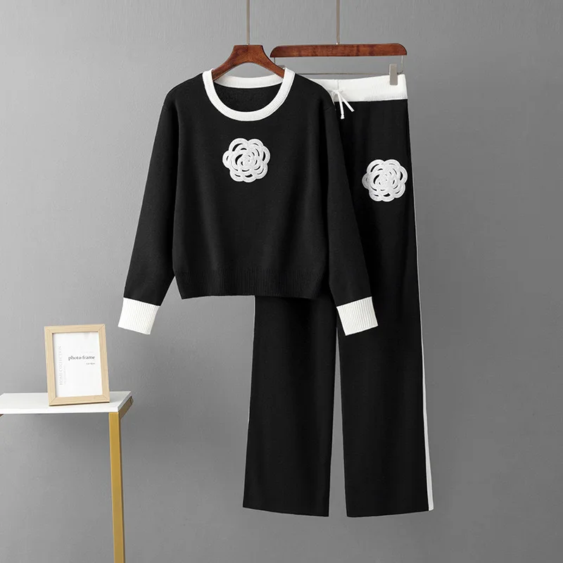 

Cross border fashion suit women's spring and autumn loose knitted top wide leg pants two-piece set embroidered trendy brand