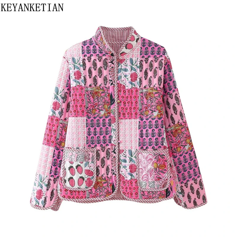 

KEYANKETIAN 2024 Autumn/Winter New Women's Retro style Flower Print Quilted Outwear Jacket Binding Pockets Loose Outerwear Coat