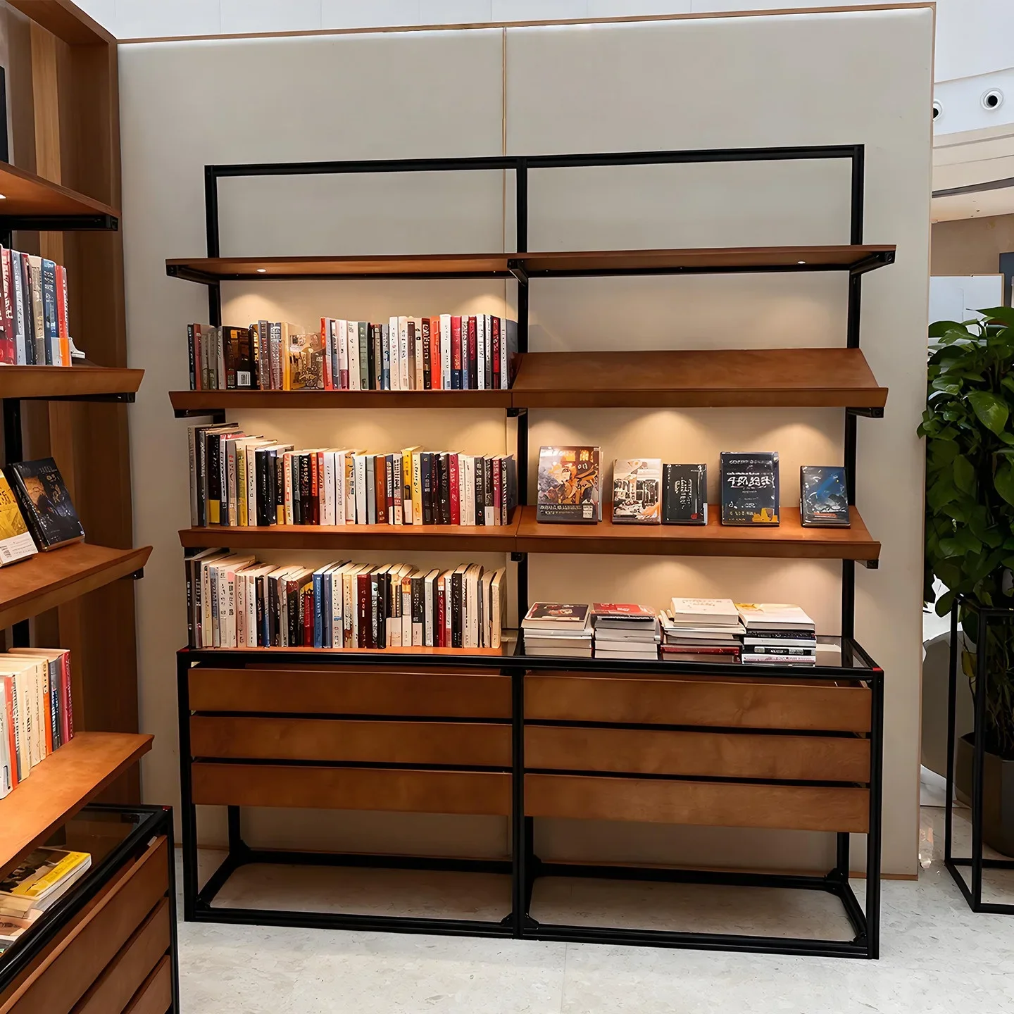 Minimalist Birch Ocean Board Multi-layer Bookshelf Shelf Household Display Rack Aluminum Profile Display Storage Rack with Light