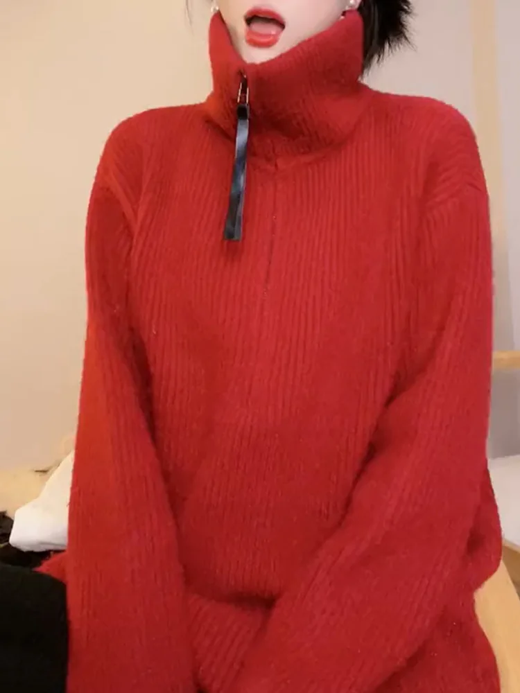 

Korean Sle High Ne f Zip Knitwear Autumn New plus Size Versatile Slimming Age Reducing Top Warmth Emitting Long Sve