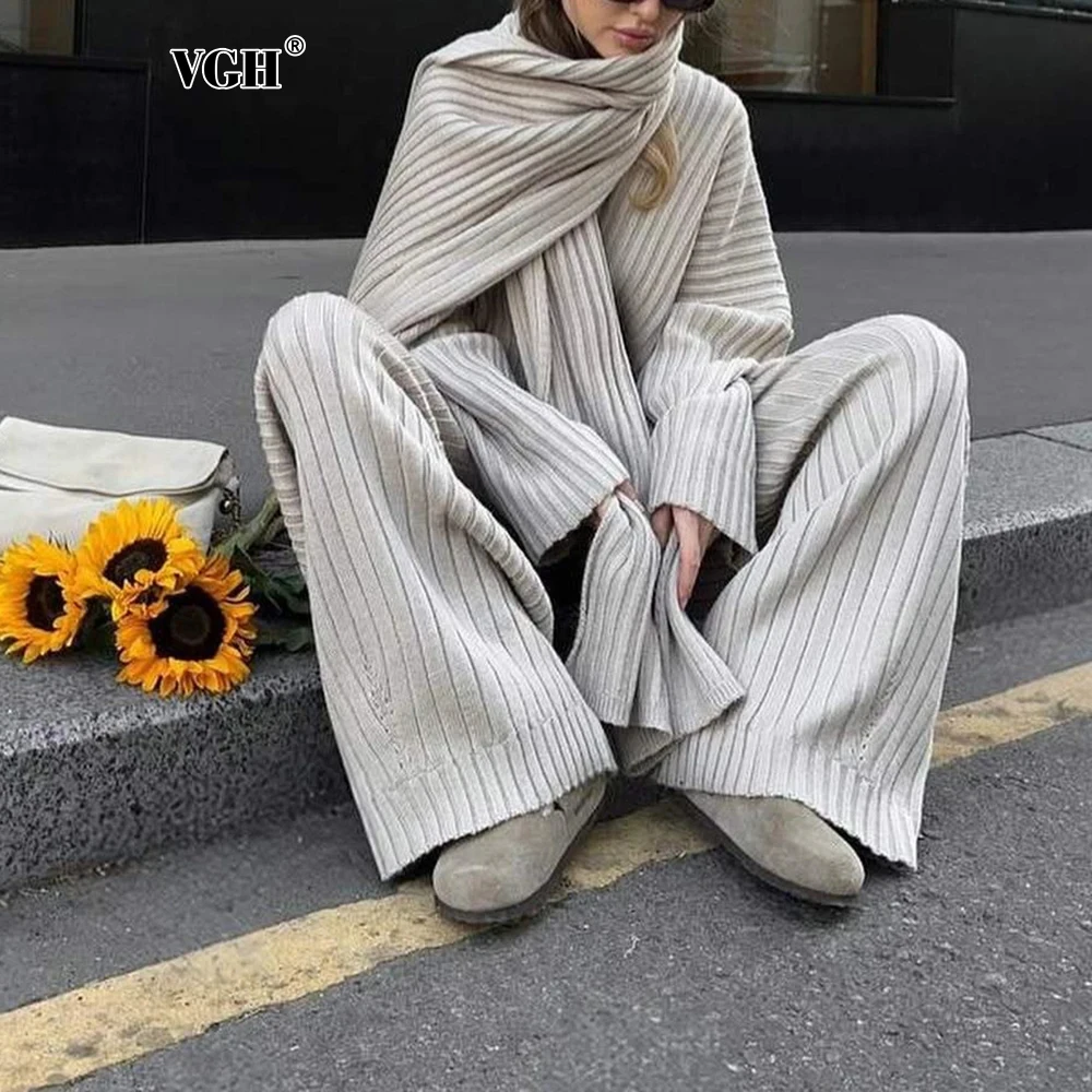 

VGH Minimalist Knitting Pant Suits for Women V Neck Long Sleeve Pullover Tops High Waist Slim Long Pants Casual Sets Female New