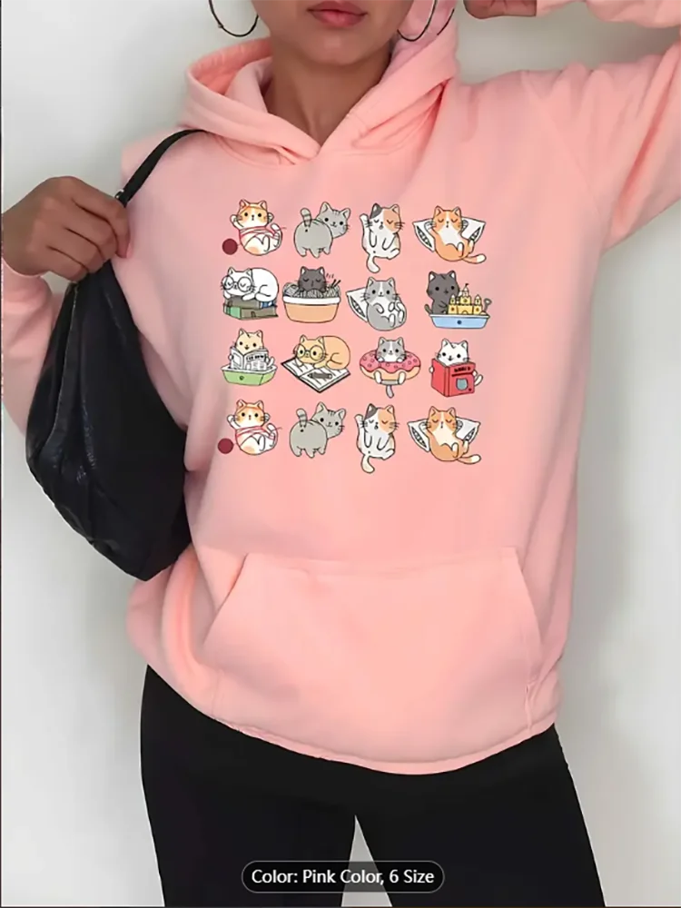 

Толстовка на флисовой подкладке с принтом мультяшных кошек 4x4, уютная толстовка с карманами для всех сезонов, повседневный пуловер, который можно стирать в машине