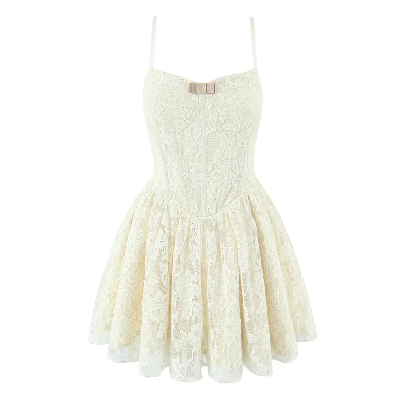 

Sexy Apricot Sheer Lace Mesh Corset Style Sling Mini Dress Women Bow V neck Low Waist Pleated Swing Dresses Party